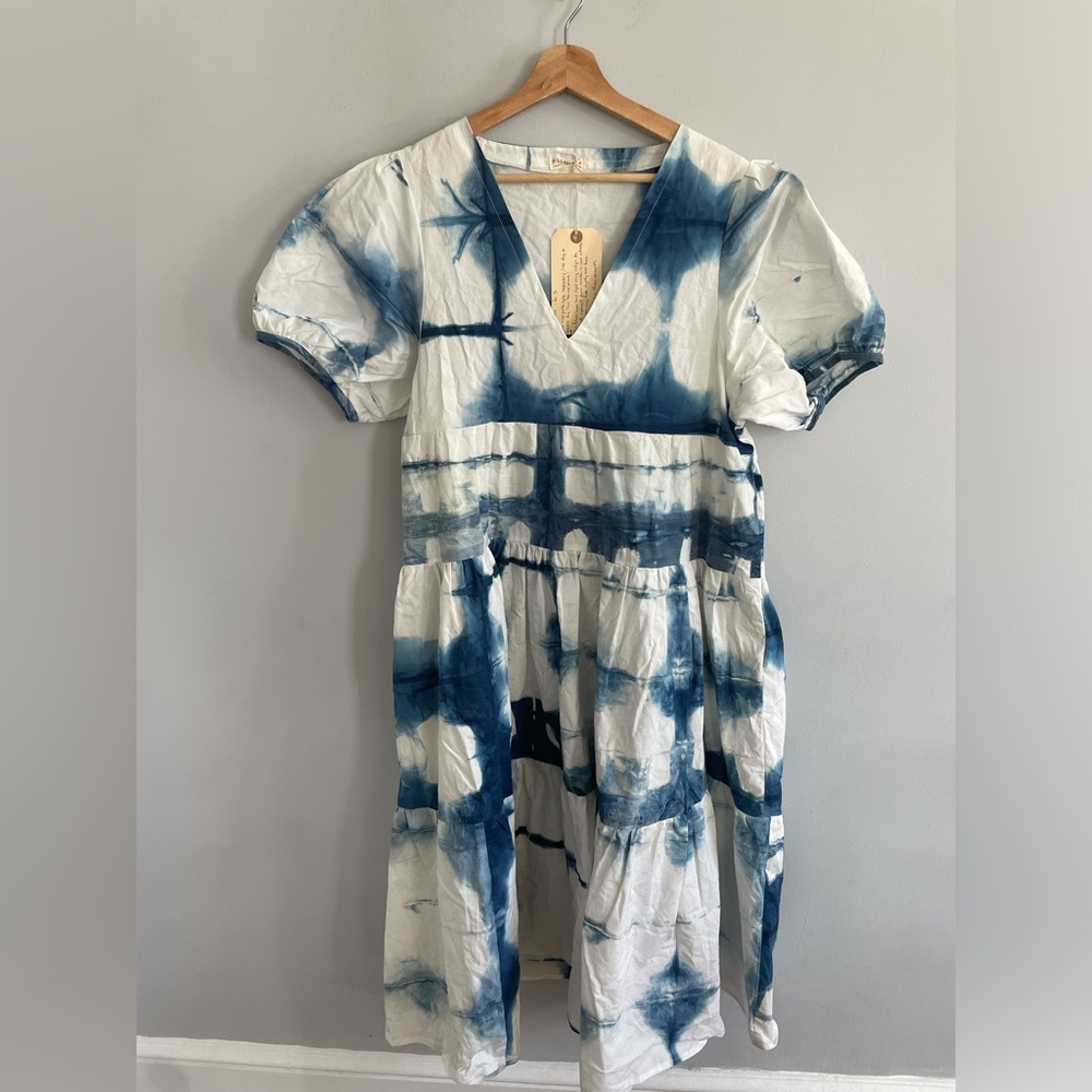 Milkweed Textile Studio Indigo Hand Dyed Oversized Tiered Dress Size S NWT